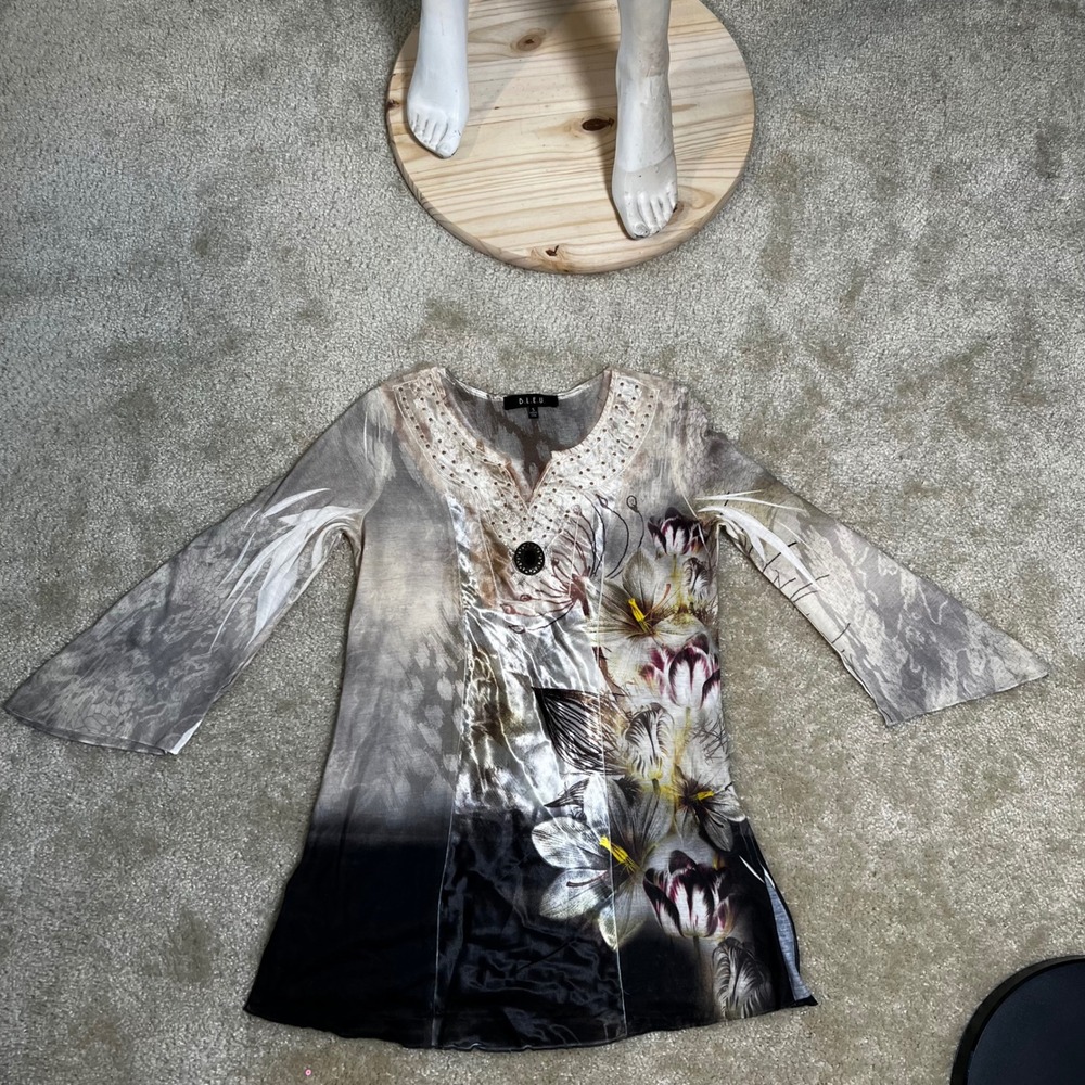 Floral Tunic Top S Embellished Neck 3/4 Sleeve Boho Y2K Whimsigoth FairyGoth